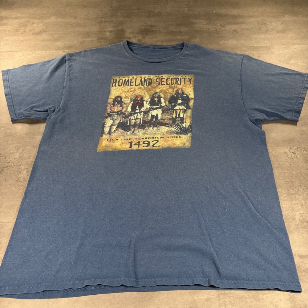 Homeland Security Native American Indian Shirt Mens XL Blue Graphic T-Shirt Gun